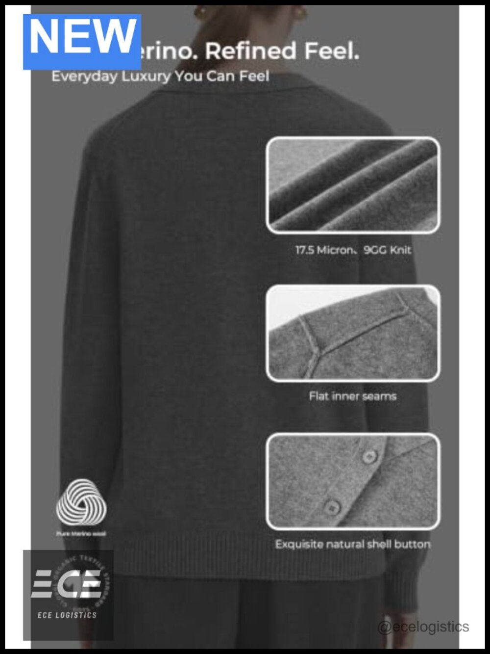 Merino Wool Cardigan V-Neck Shell Button Sweater - Picture 4 of 6
